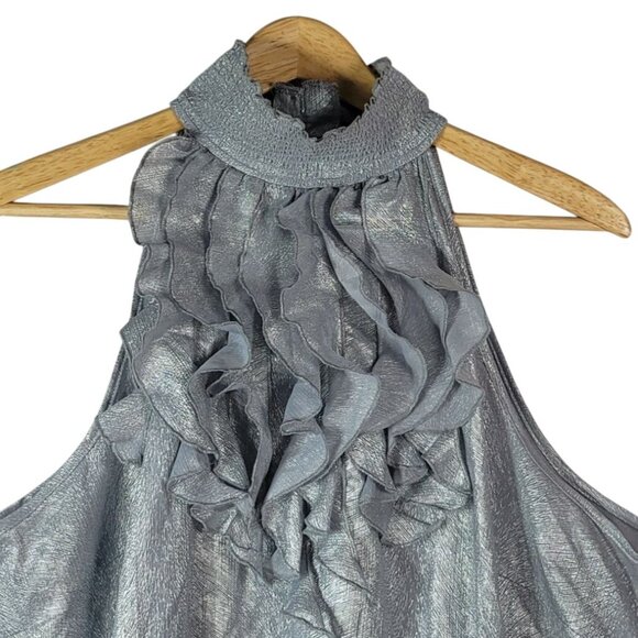 Ashley Stewart Metallic Sleeveless Halter Top Silver 18W Ruffle Smocked Button - Picture 2 of 8